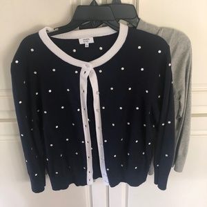2 Crown and Ivy cardigans.  Navy dotted and Solid Gray.  3/4 sleeve.
